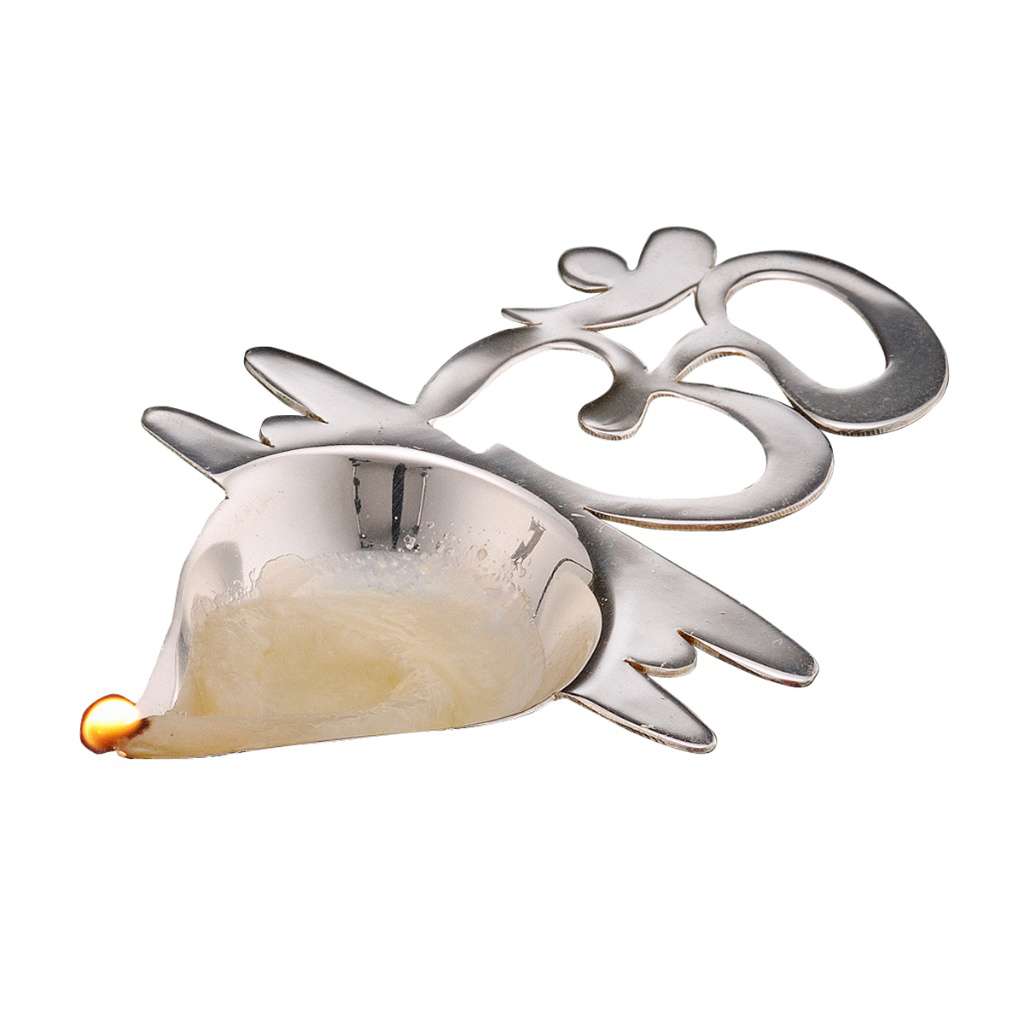 Diya Omkara frames an ornate scrolled Om symbol rising from one side of a winged, leaf-edged silver diya - white background