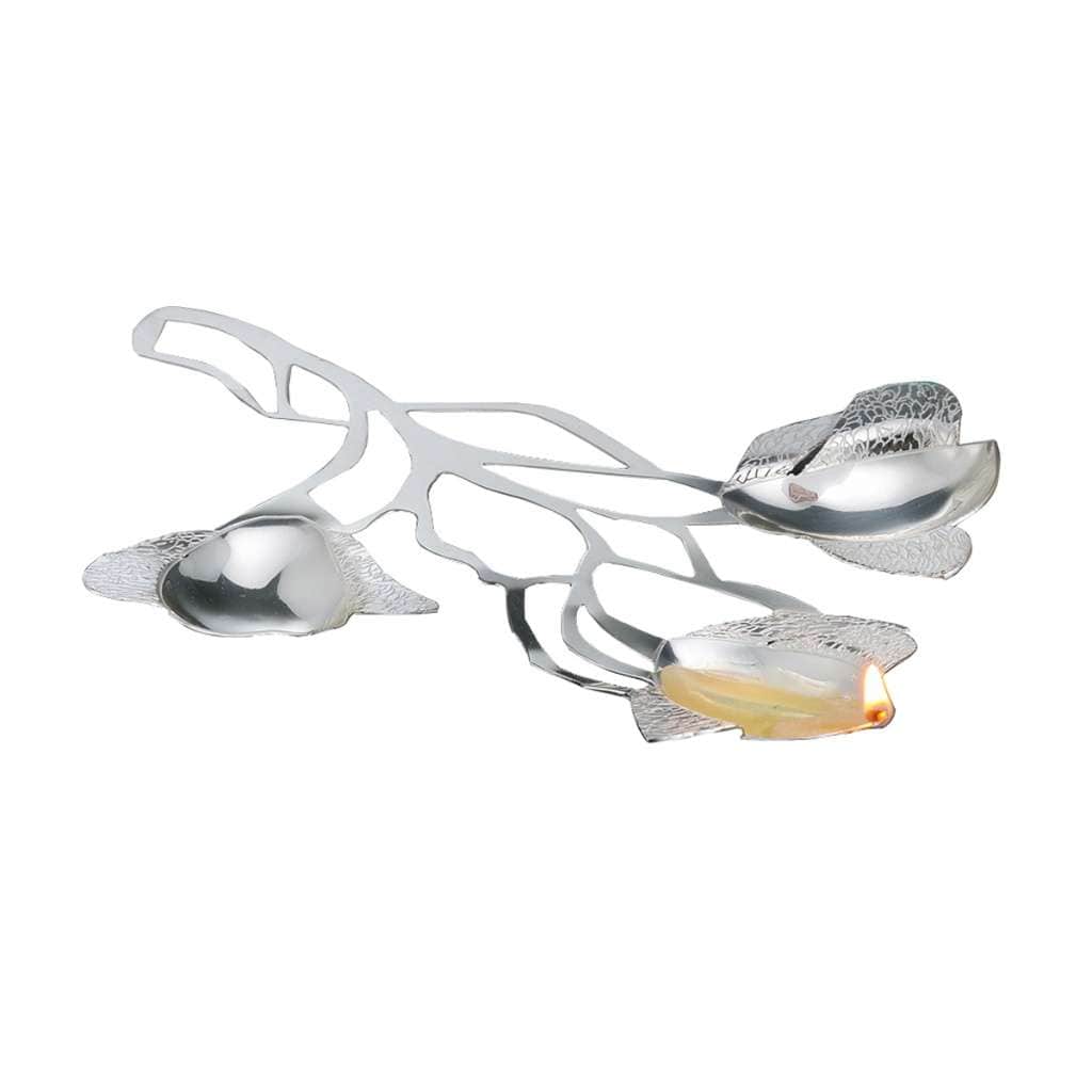 Diya 3 Lite Tree is a silver diya that stretches a branch across the table - white background