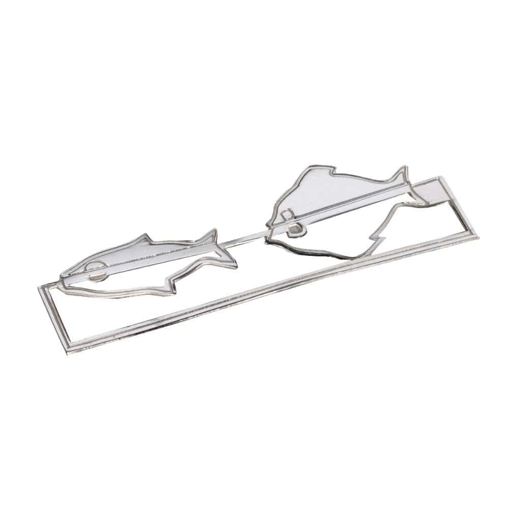 Bookmark Fish is a silver bookmark that meets two fish nose to nose on a flat, paperclip-style frame sliding over a page without bulk - white background