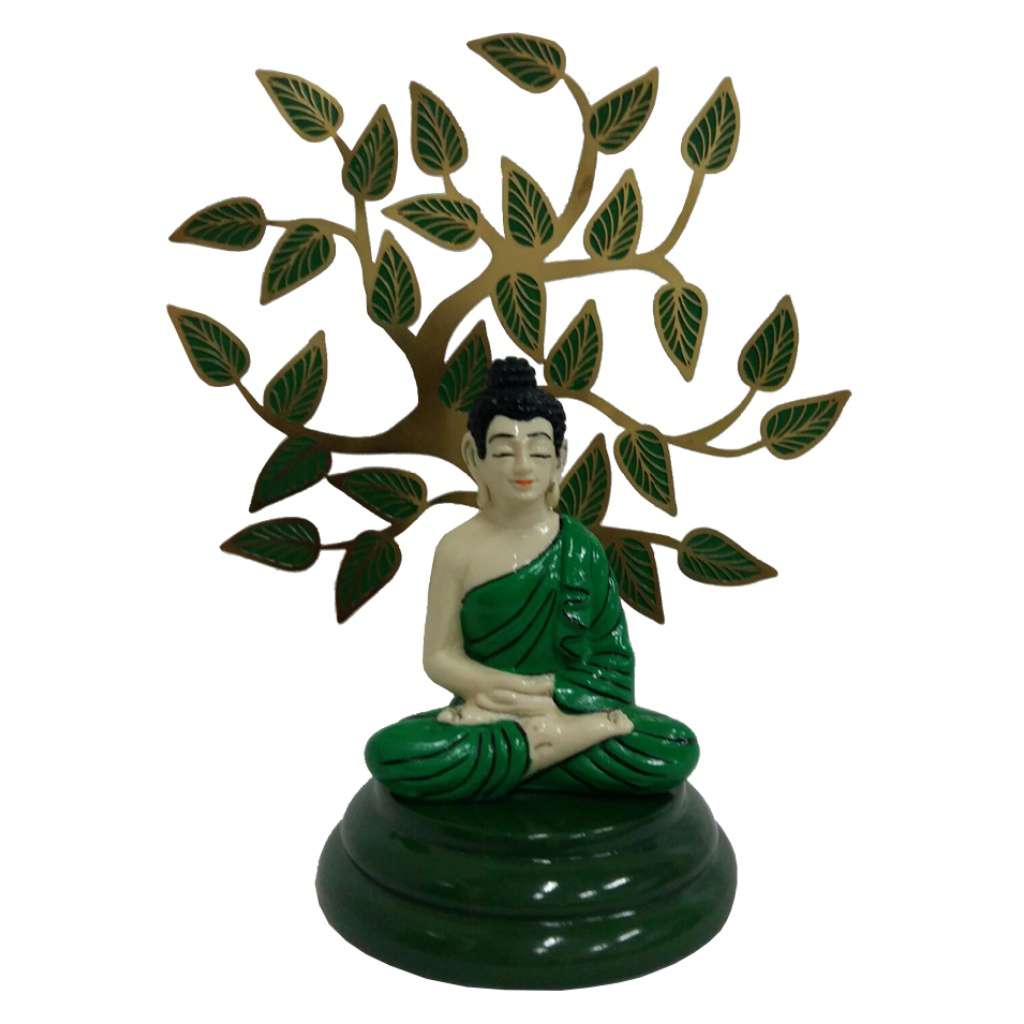 Buddha Momento is a silver idol of Buddha sitting in meditation, eyes closed and hands folded in his lap - white background