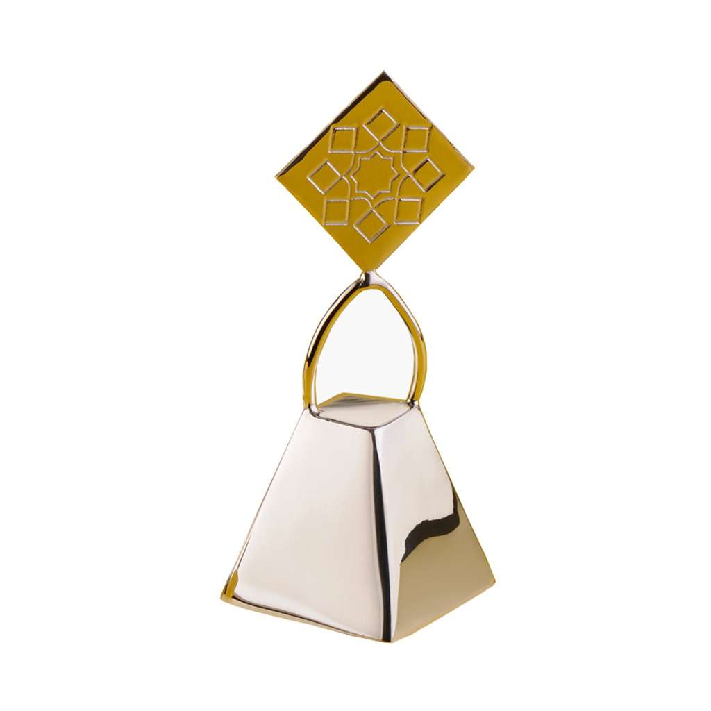 Bell Mandala is a silver bell with a diamond-shaped handle cut in a geometric mandala pattern, set against its square - white background