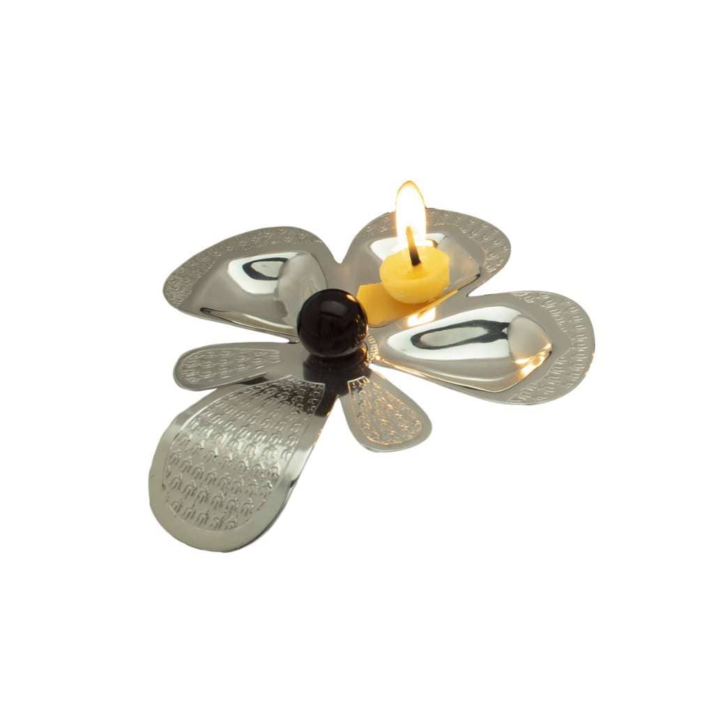 Diya 3 Light Daisy is a silver diya that opens like a five-petal flower - white background