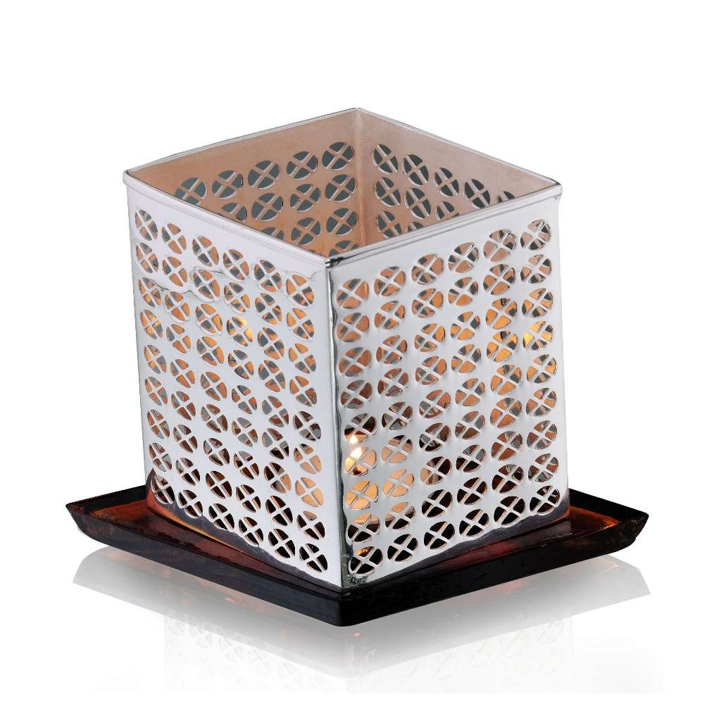 Tealights Holder Aura Rhombus Diamond takes the form of a square silver tealight holder - white background