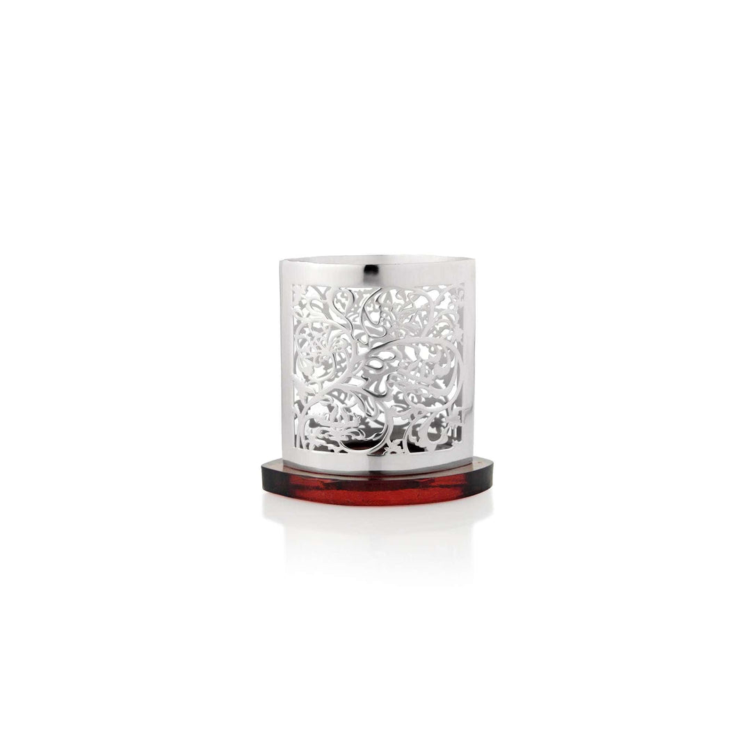 Tealights Holder Tree Of Life wraps a dense, vine-like tree of life pattern around a cylindrical silver - white background