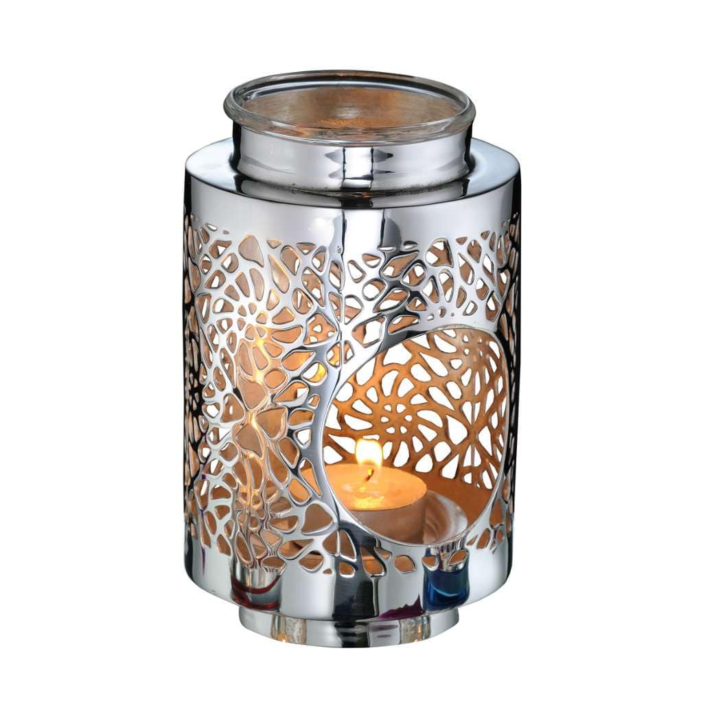 Oil Burner Opal cuts a fine, branch-like tracery through the tall drum shape of this silver oil burner - white background