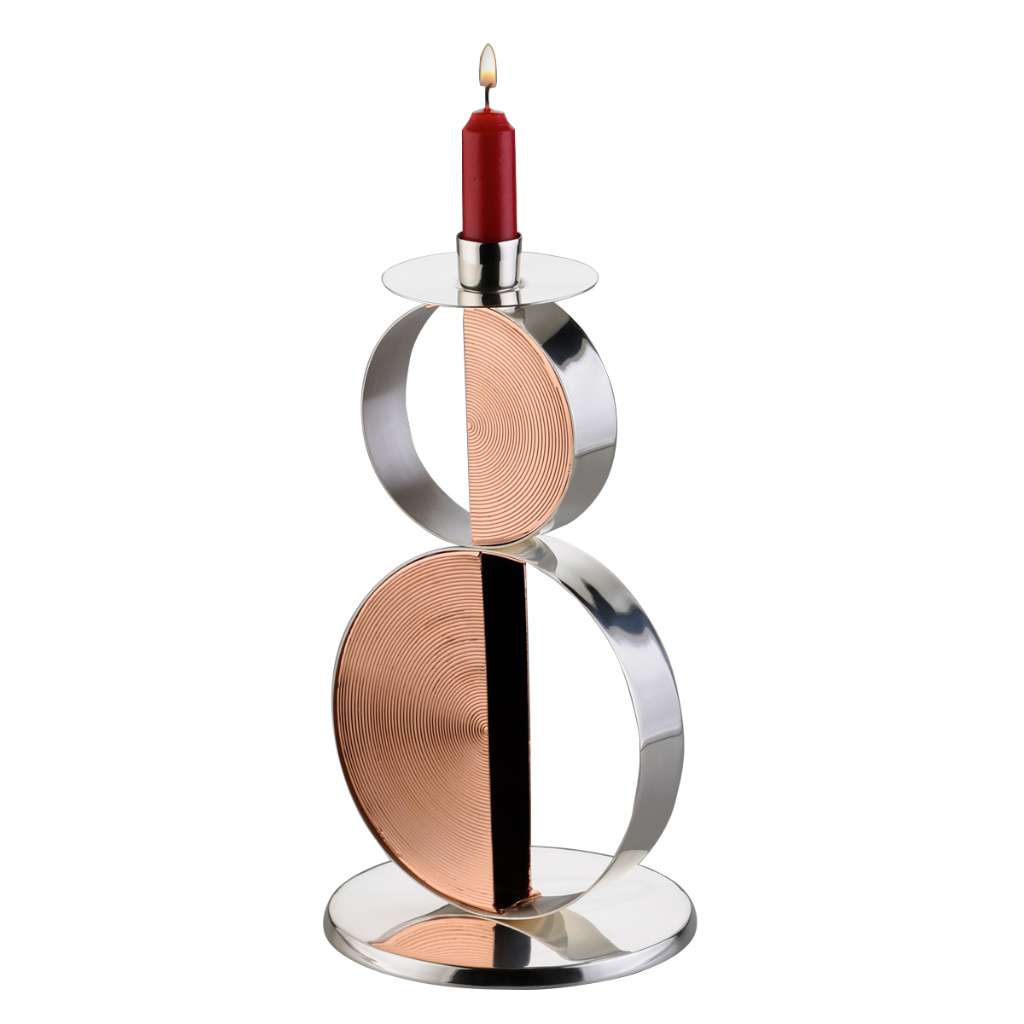 Candle Stand Concentric is a silver candle stand built from two interlocking rings - white background