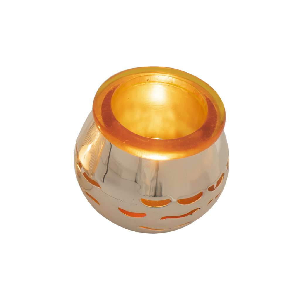 Tea Lite Ruffle is a rounded, pot-bellied silver tealight holder - white background