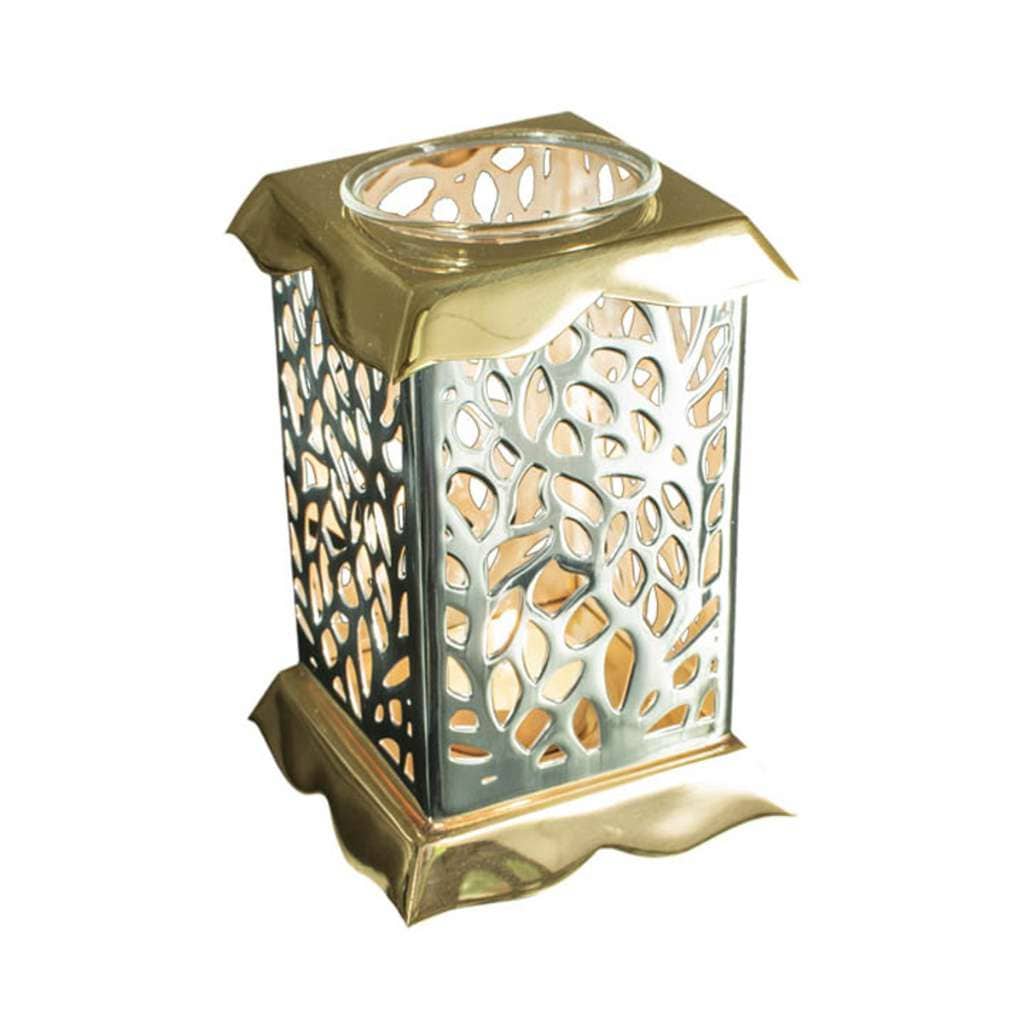 Lumina Votive And Oil Burner is a small silver votive and oil burner shaped like a lantern