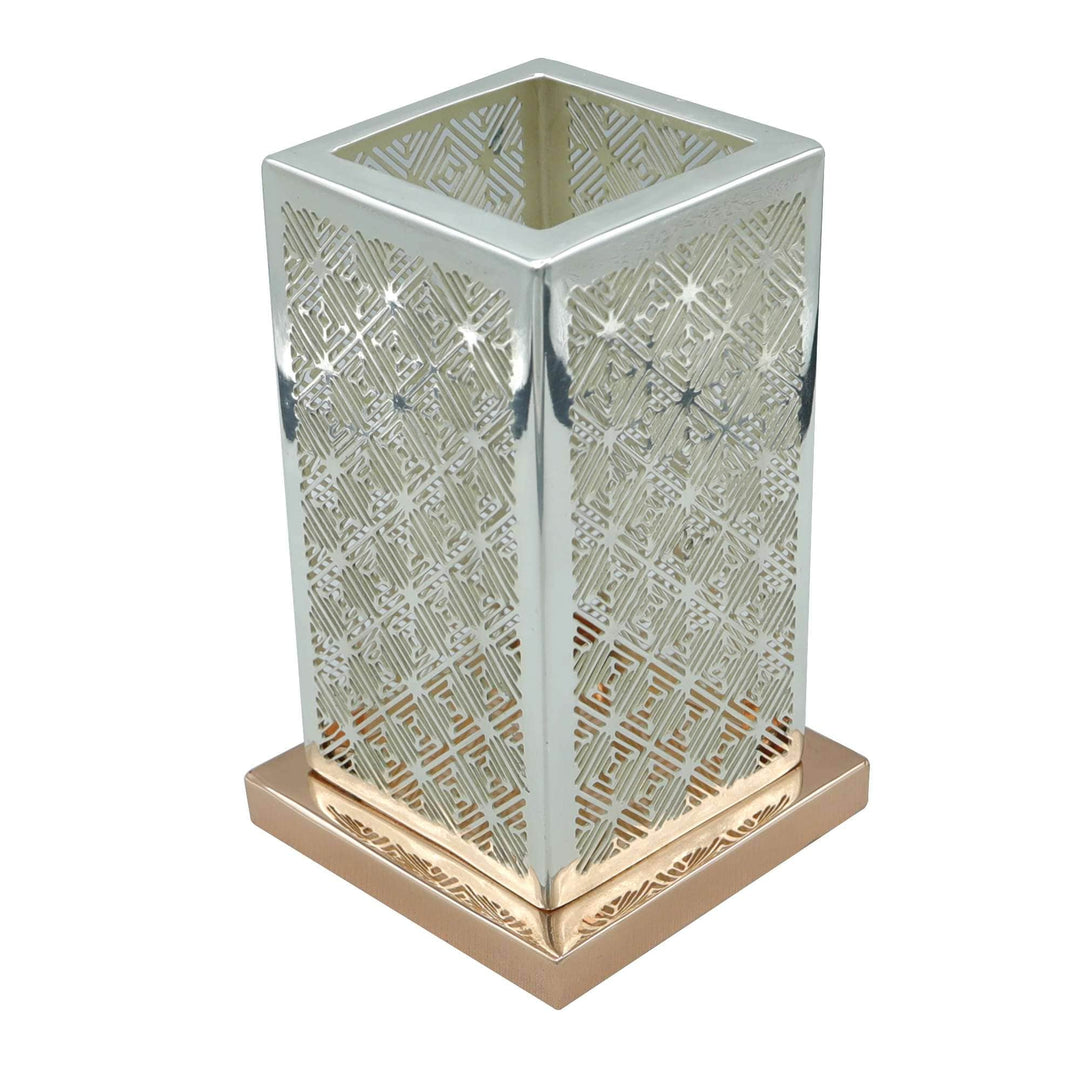 Votive Square Signature is a silver votive rising in a tall square tower - white background