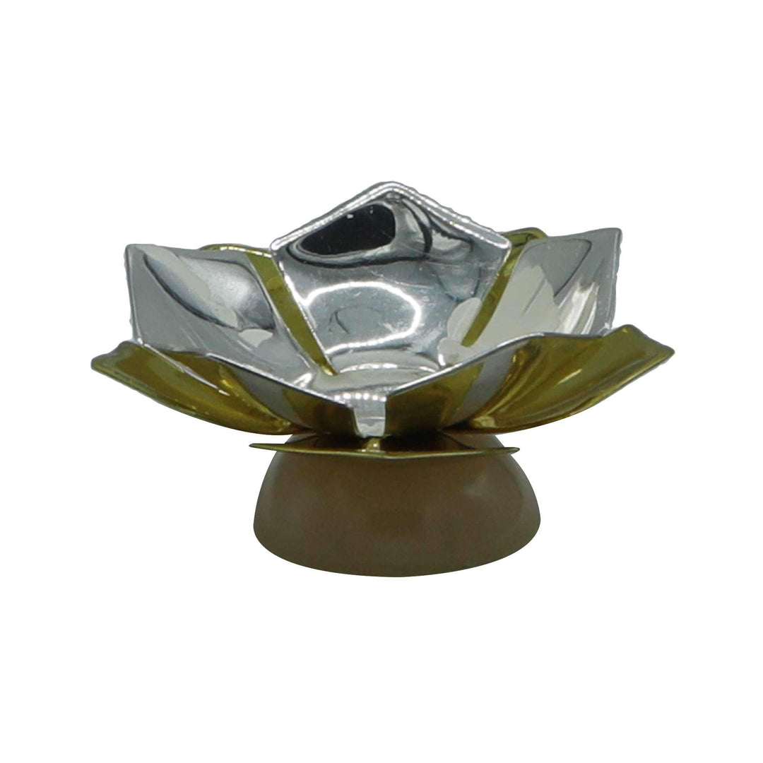 Tealite Holder Petal is a silver tealight holder shaped like a lotus in bloom, with a gold-toned outer - white background