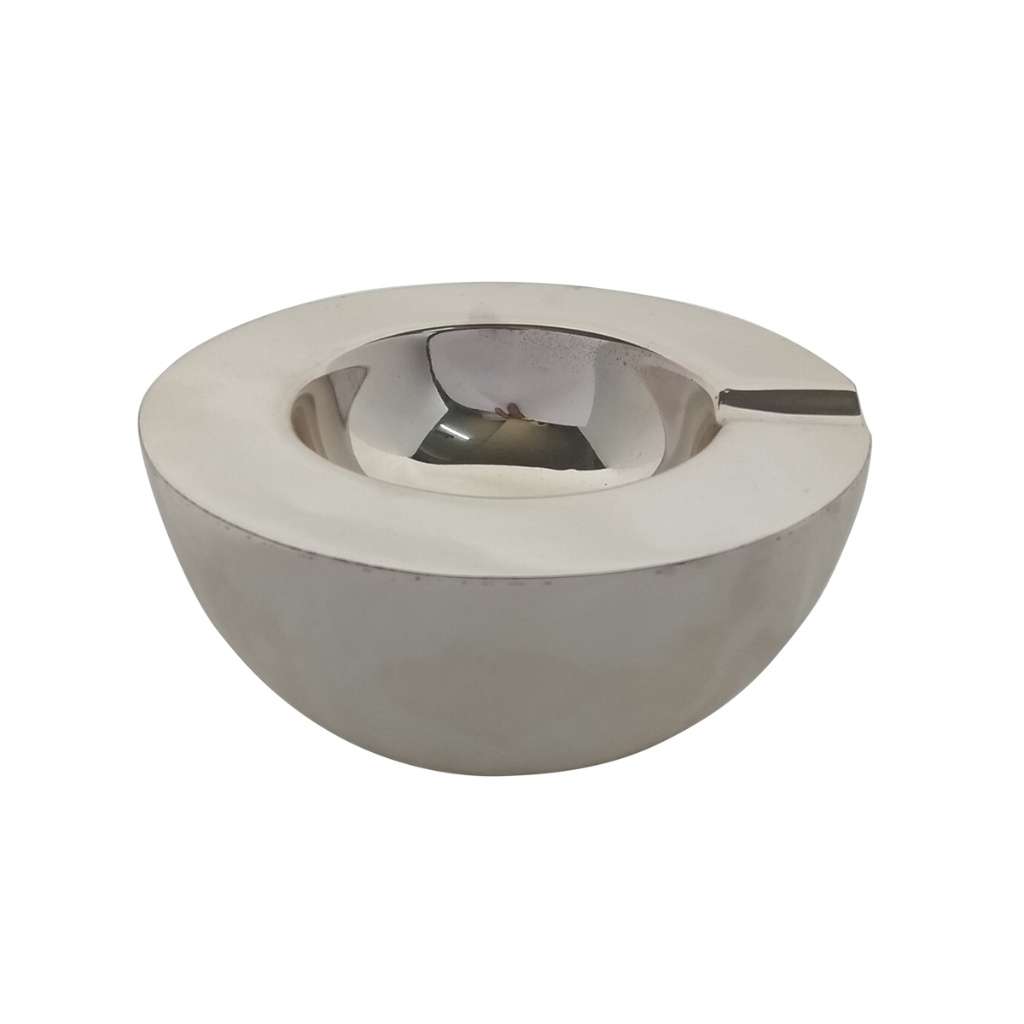 Ashtray Double Walled Round is a round silver ashtray with a deep double-walled bowl and a smooth - white background