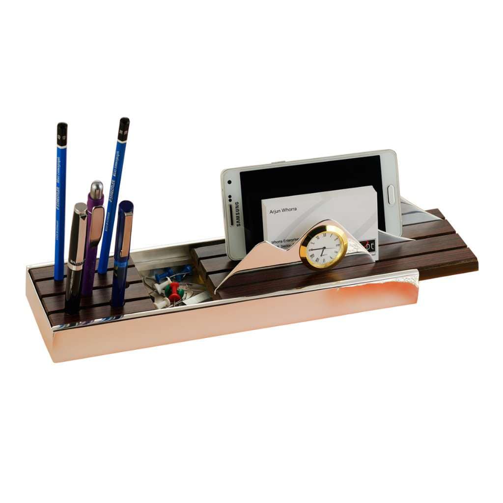 Table Top Container Omni is a silver table-top container pairing a slatted wood-tone tray with silver ends, laid out to hold pens, clips - white background