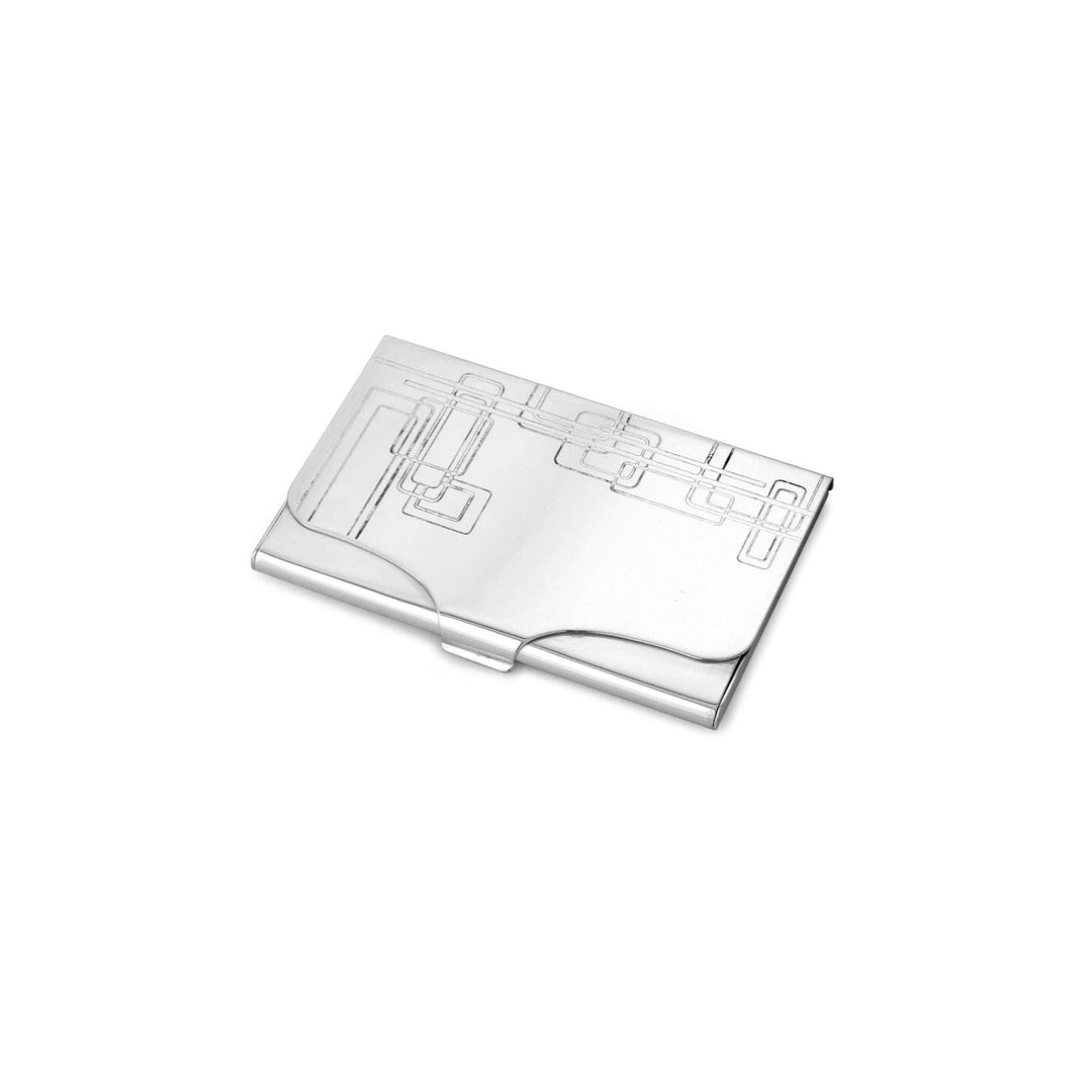 Card Holder Concord is a silver card holder carrying a fine geometric line pattern etched across its lid - white background