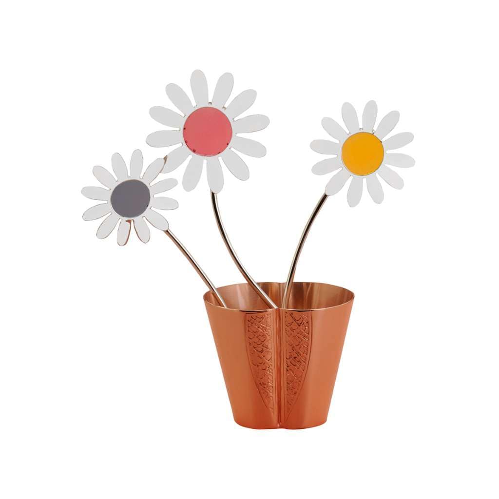 Flower Set Of 3 With Planter gathers three silver daisy flowers on curved stems - white background