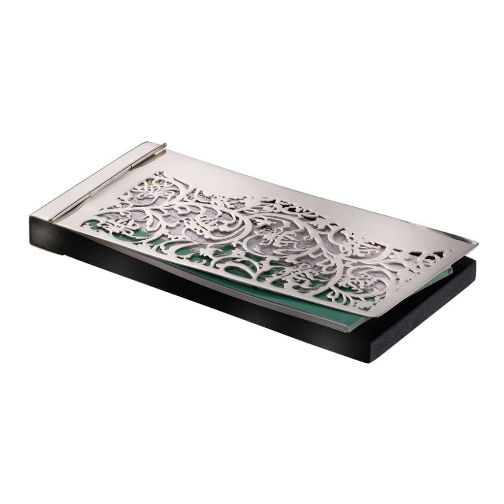 Cheque Book Cover Tree Of Life covers a dense scrolling vine motif from the Tree of Life collection across this silver cheque book cover - white background