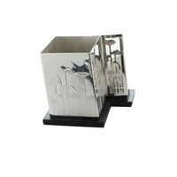 Pen Stand Card Holder Iris Trails is a silver pen stand and card holder pairing a square pen cup with an open-slot card holder - white background