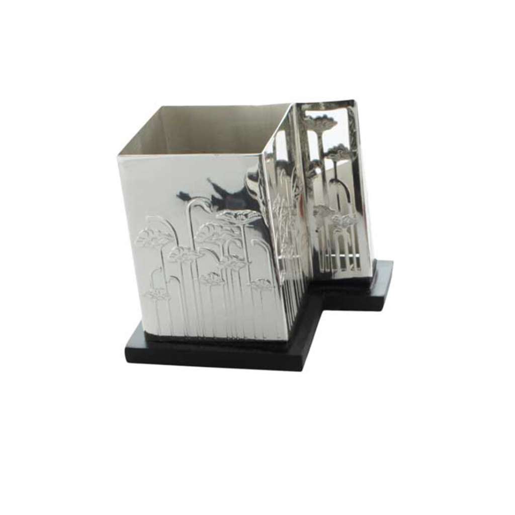 Pen Stand Card Holder Iris Trails is a silver pen stand and card holder pairing a square pen cup with an open-slot card holder - white background