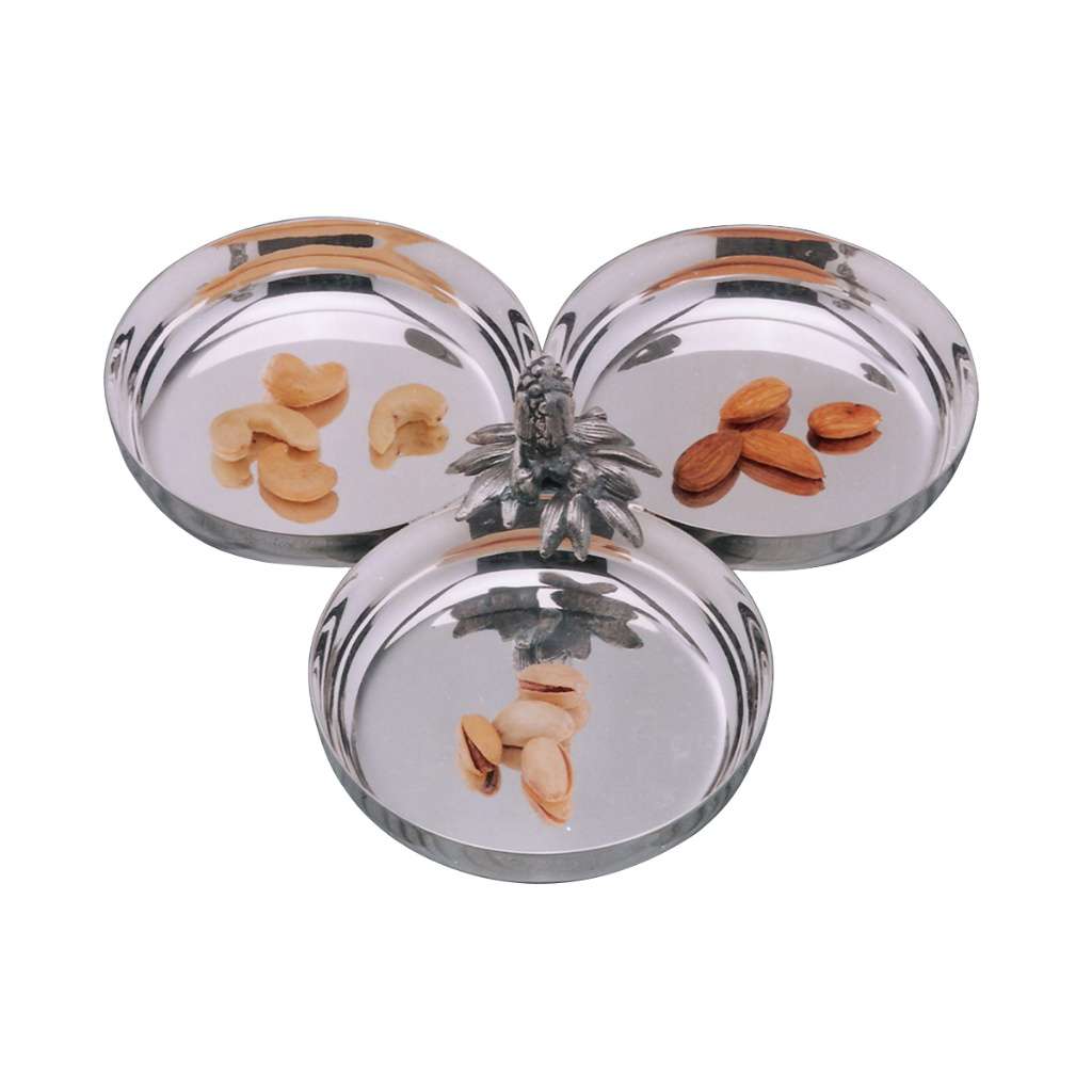 Grape Nut Dish is a silver dish arranged as three round trays around a floral finial handle, made for serving nuts, dry fruit - white background
