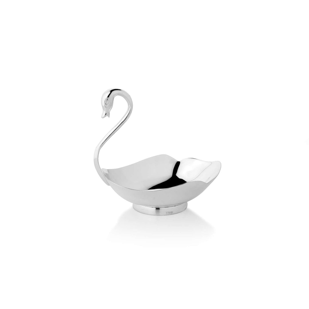 Bowl Duck Dish Swan is a silver bowl shaped like a swan, with a curved neck arching above a leaf-shaped body finished in a high polish - white background