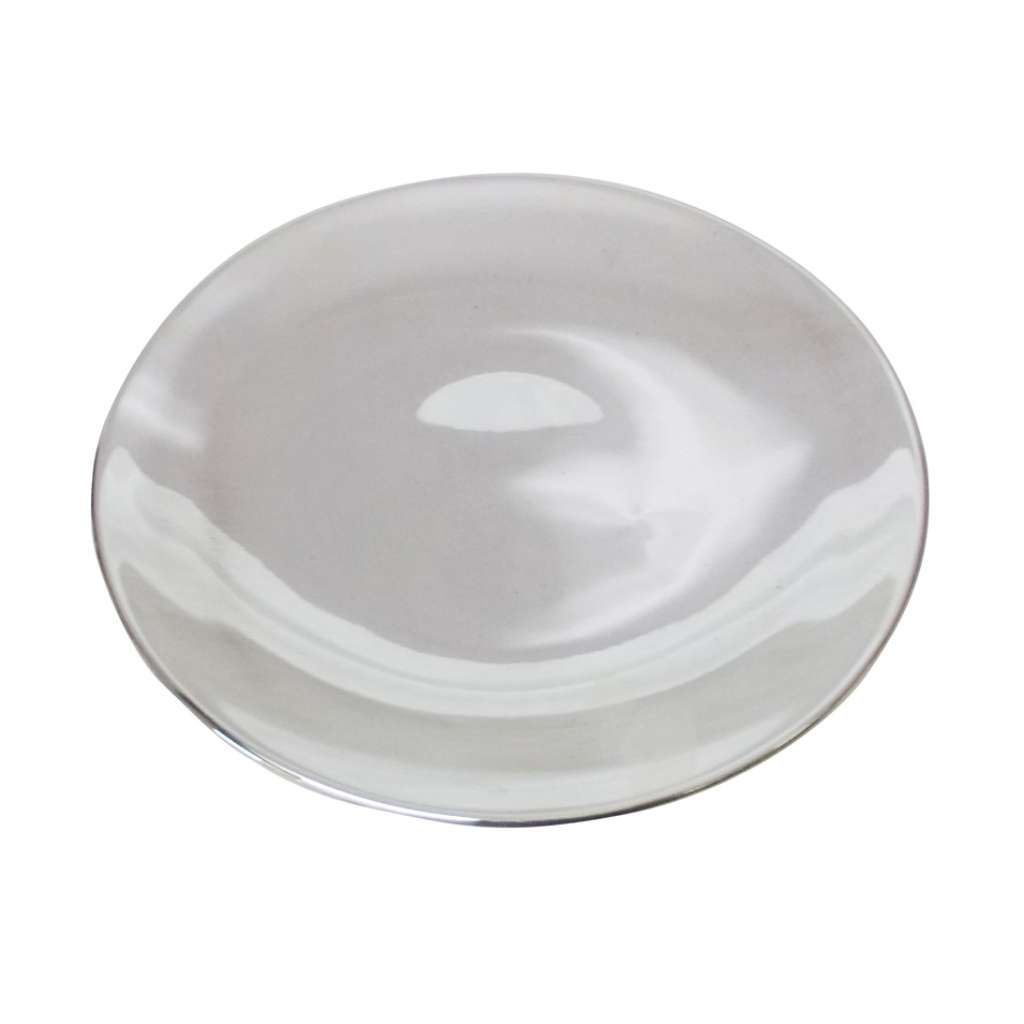 Tray Round Dish is a small, silver round tray kept entirely plain, with a smooth mirror surface and a simple raised rim - white background