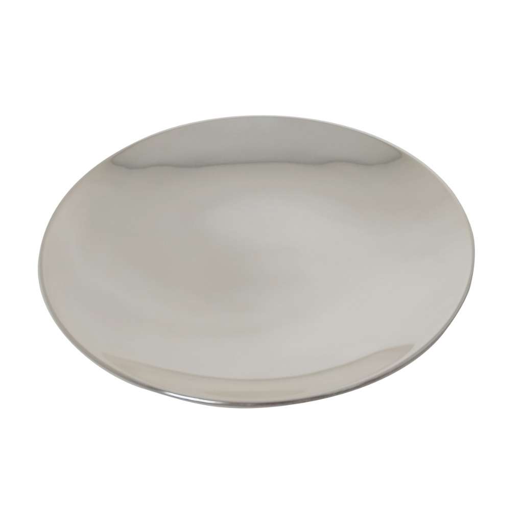 Tray Round Dish Plain is a silver round tray that stays smooth and unadorned, with a mirror-bright surface and a simple raised rim - white background