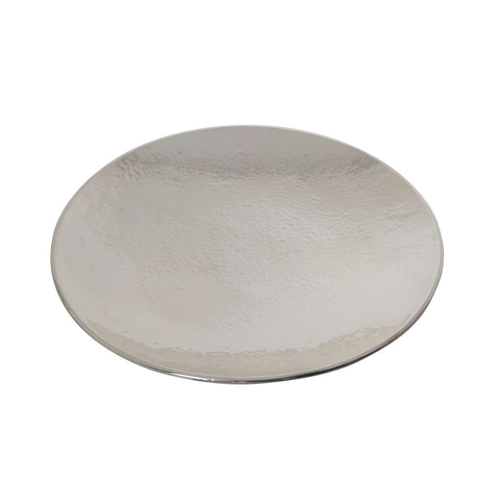 Tray Round Dish Hammered is a silver round tray covered edge to edge in a hammered texture that catches light in small, dimpled facets - white background