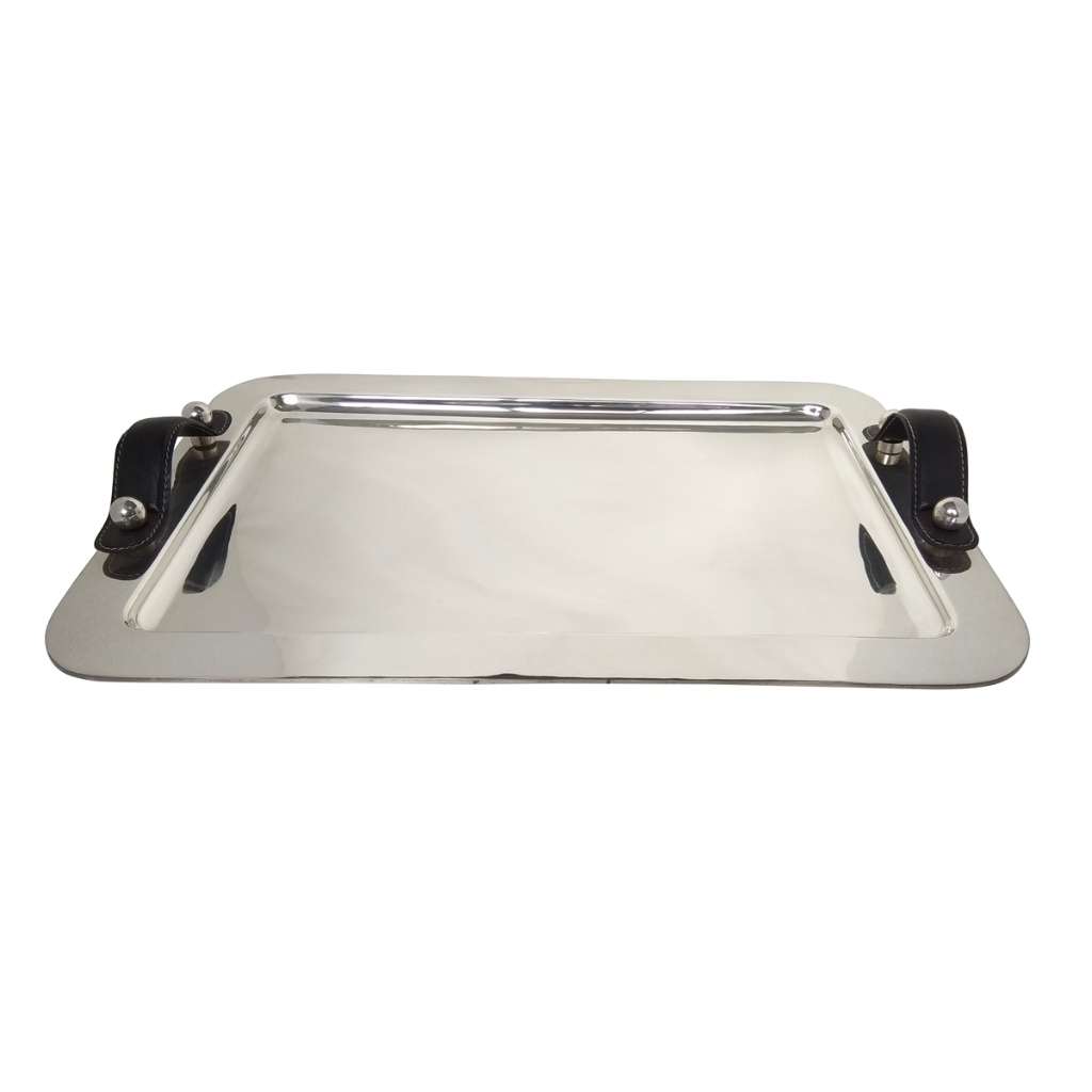 Rectangular Tray With Black Leather Handle is a rectangular silver tray with a raised rim and a pair - white background