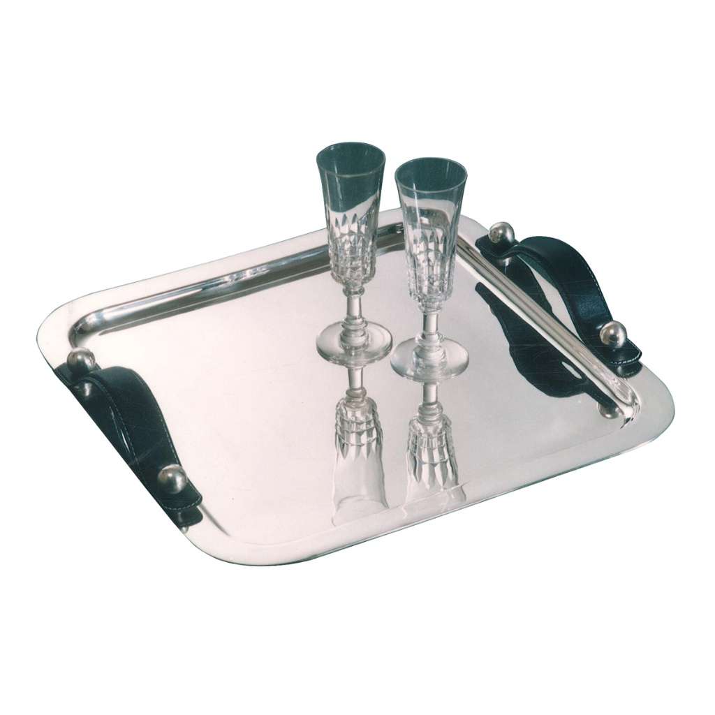 Square Tray With Leather Handle is a square silver tray with a raised rim and a pair of stitched leather - white background