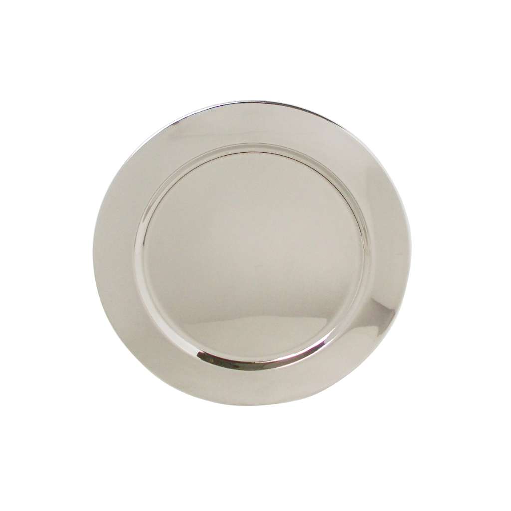 Tray Round Small is a silver tray with a round face and a raised rim that keeps its edge clean on any - white background