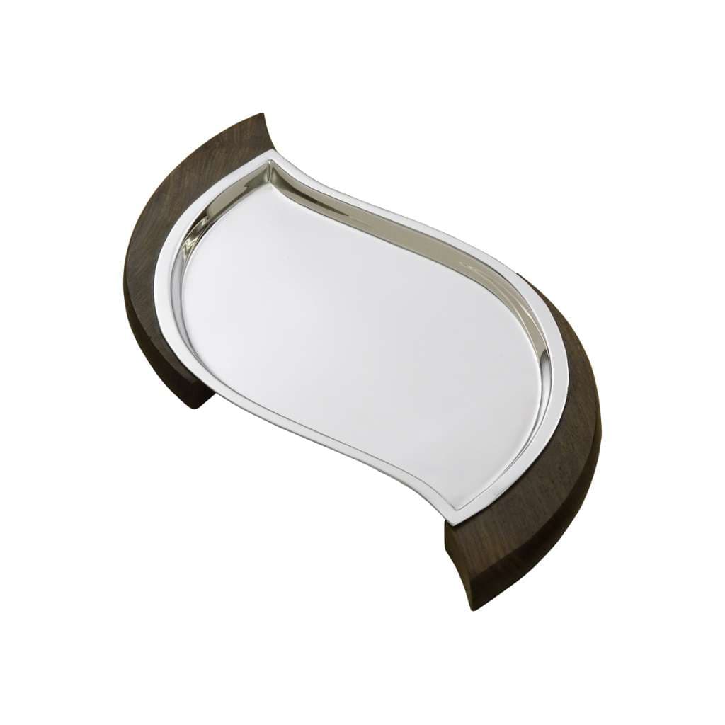 Irish Tray is a curved, shield-shaped silver tray with a smooth mirror finish that narrows into a soft waist along both sides - white background