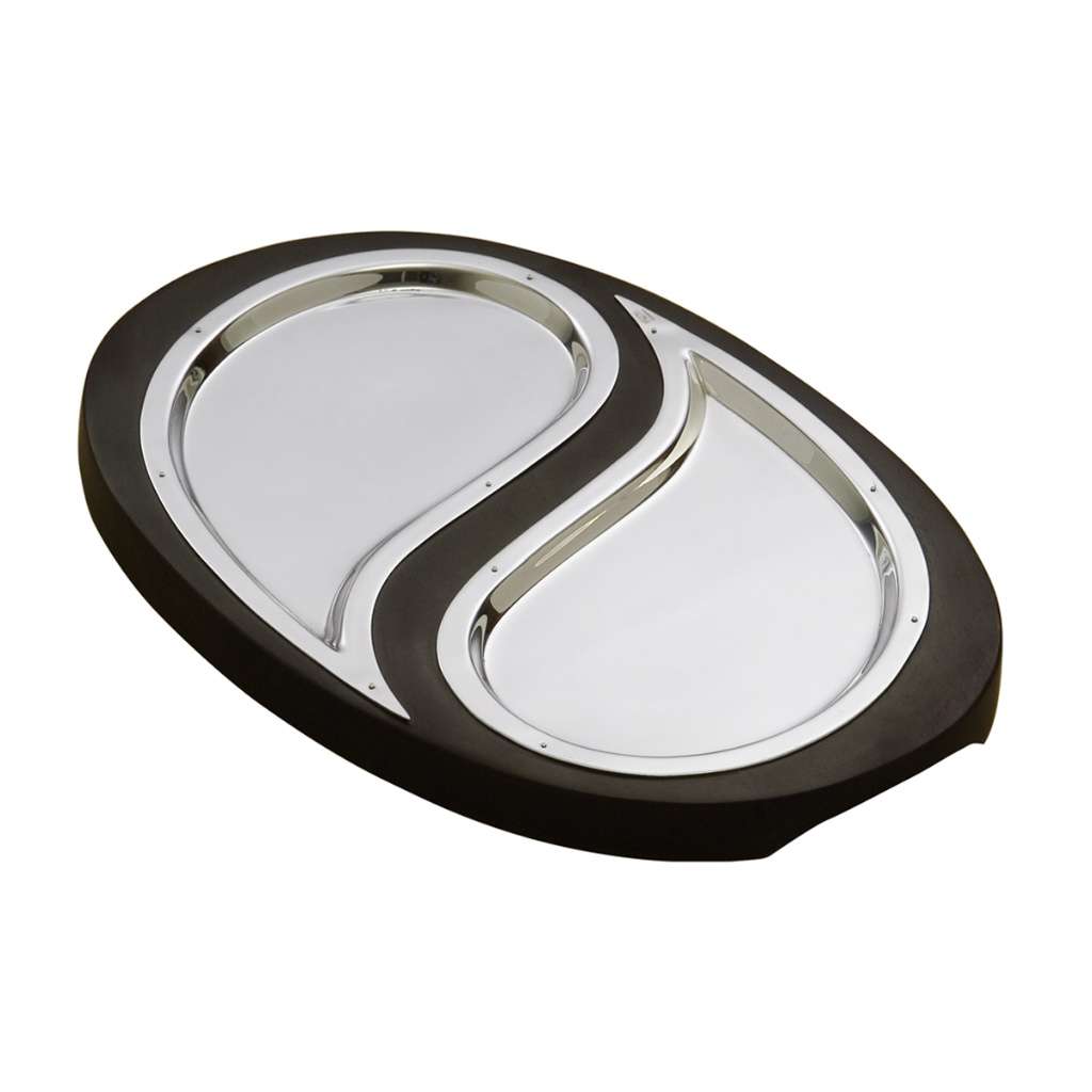 Twin Tray is a silver tray divided into two curved sections by a deep brown, matte-finished rim, so two - white background