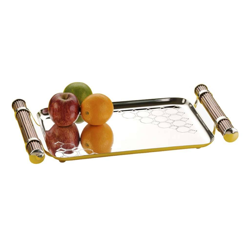 Tray Grandeur is a rectangular silver serving tray finished with fluted brass handles that end in rounded knobs on each side - white background