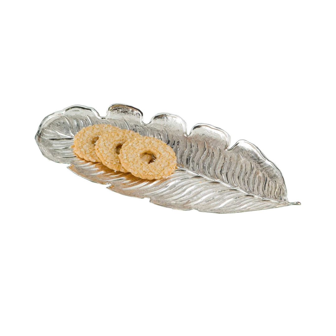 Tray Leaf Dish is a silver tray shaped like a single large leaf - white background
