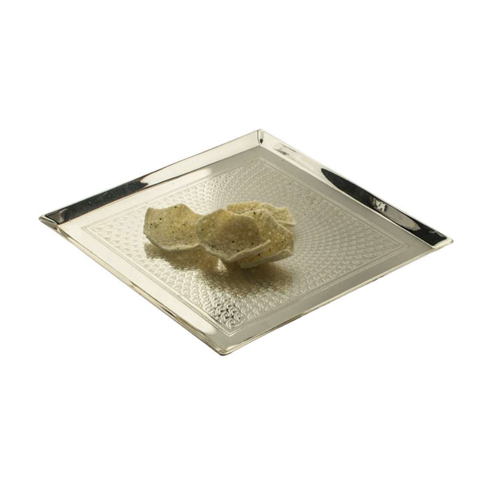 Tray Mirage Square is a silver tray sharing the same etched optical-illusion pattern as the rest of Episode&