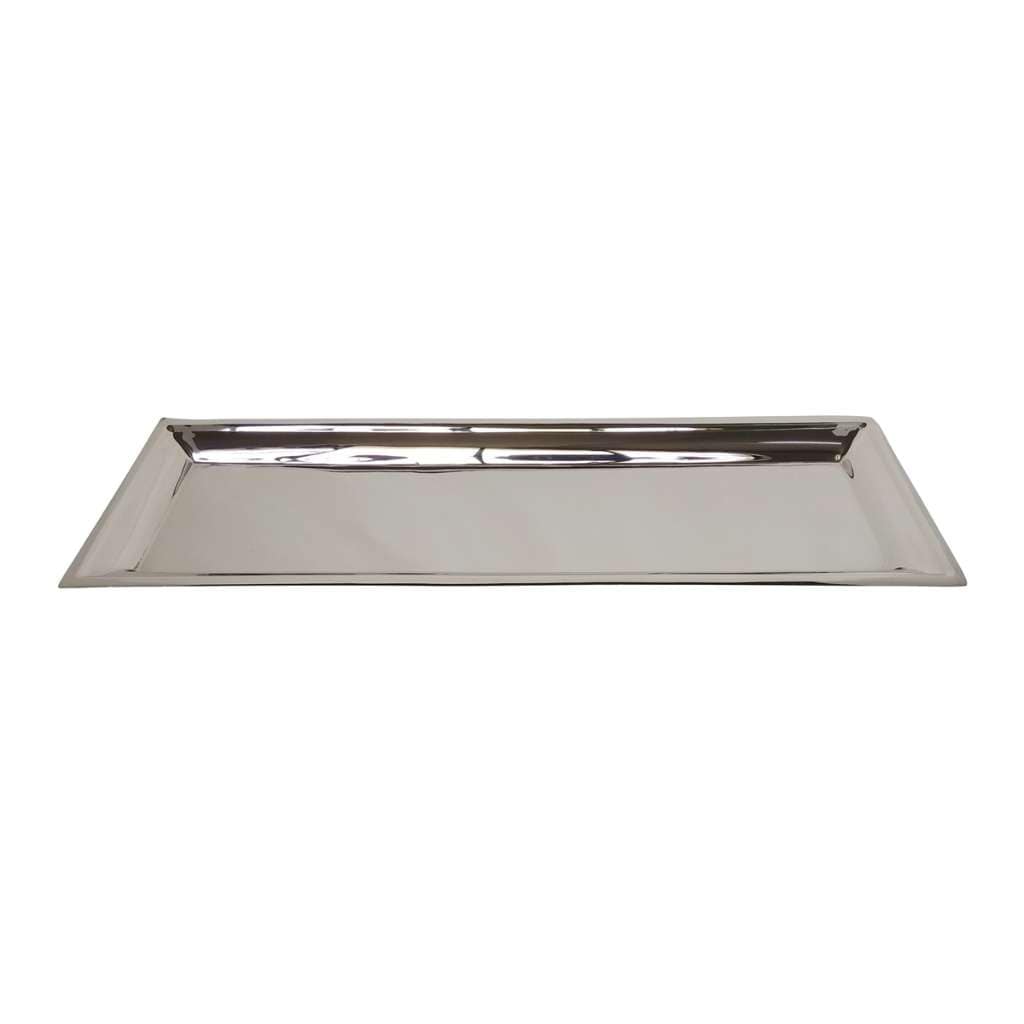 Tray Long Towel Nickel Plated is a slim, rectangular nickel-plated tray with a smooth mirrored surface and gently upturned edges - white background