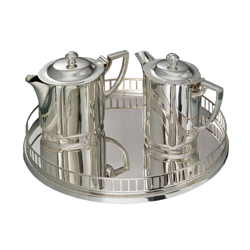 Tray Gallery is a round silver tray finished with a pierced gallery rail that runs its full circumference - white background