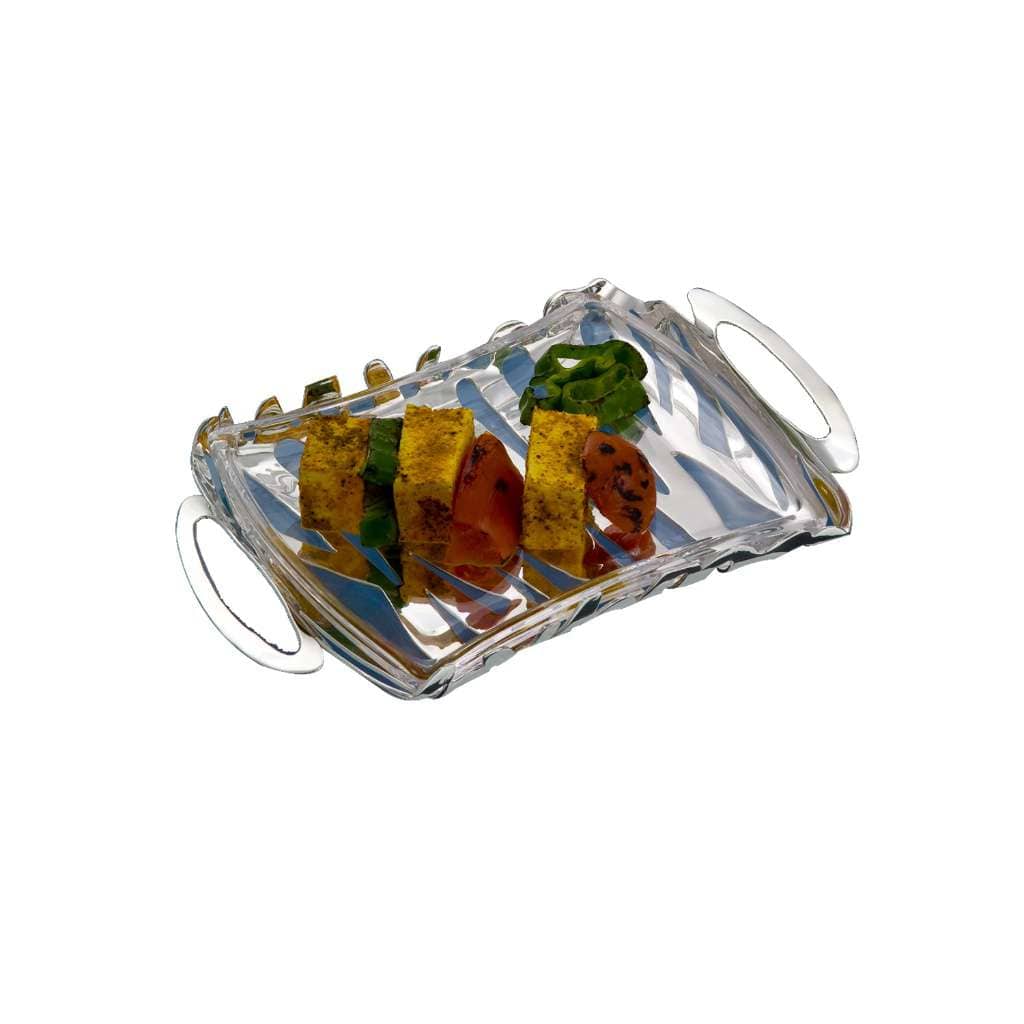 Tray Graffiti Snack is a silver tray with a bold abstract lattice running along both long sides - white background