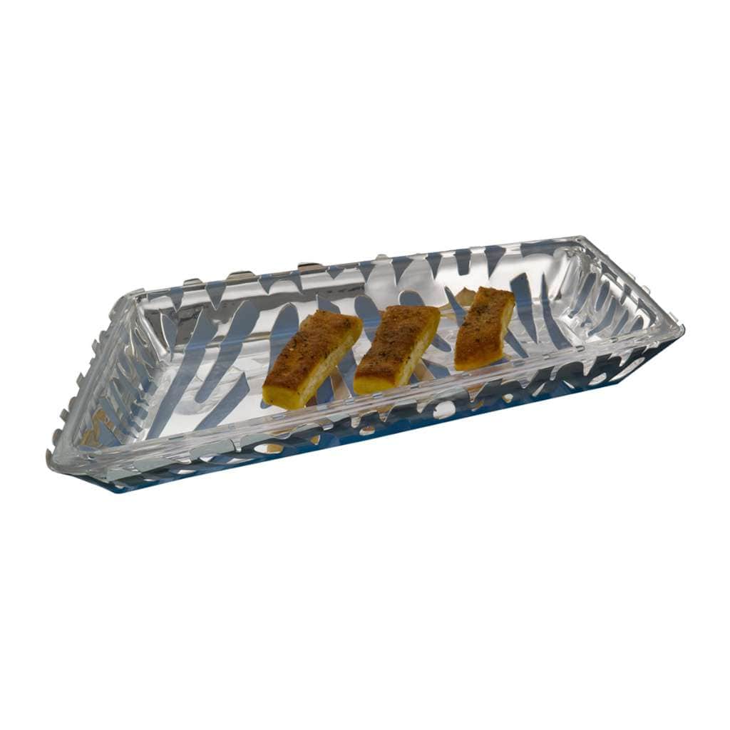 Tray Graffiti Bread Platter is a silver platter cut into a bold abstract lattice along both long edges - white background