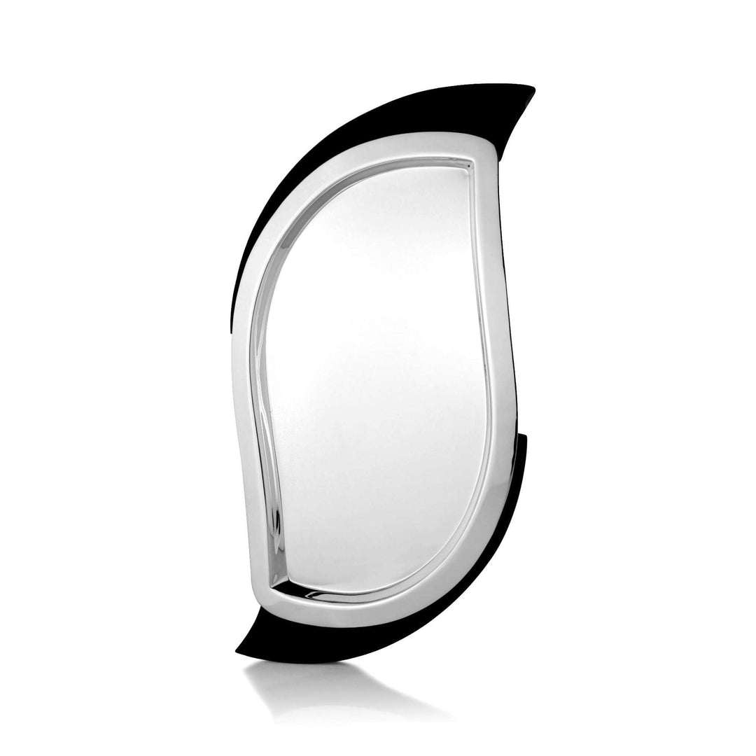 Tray Iris is a leaf-shaped silver serving tray with a mirror-polished centre bordered in a glossy black enamel edge - white background