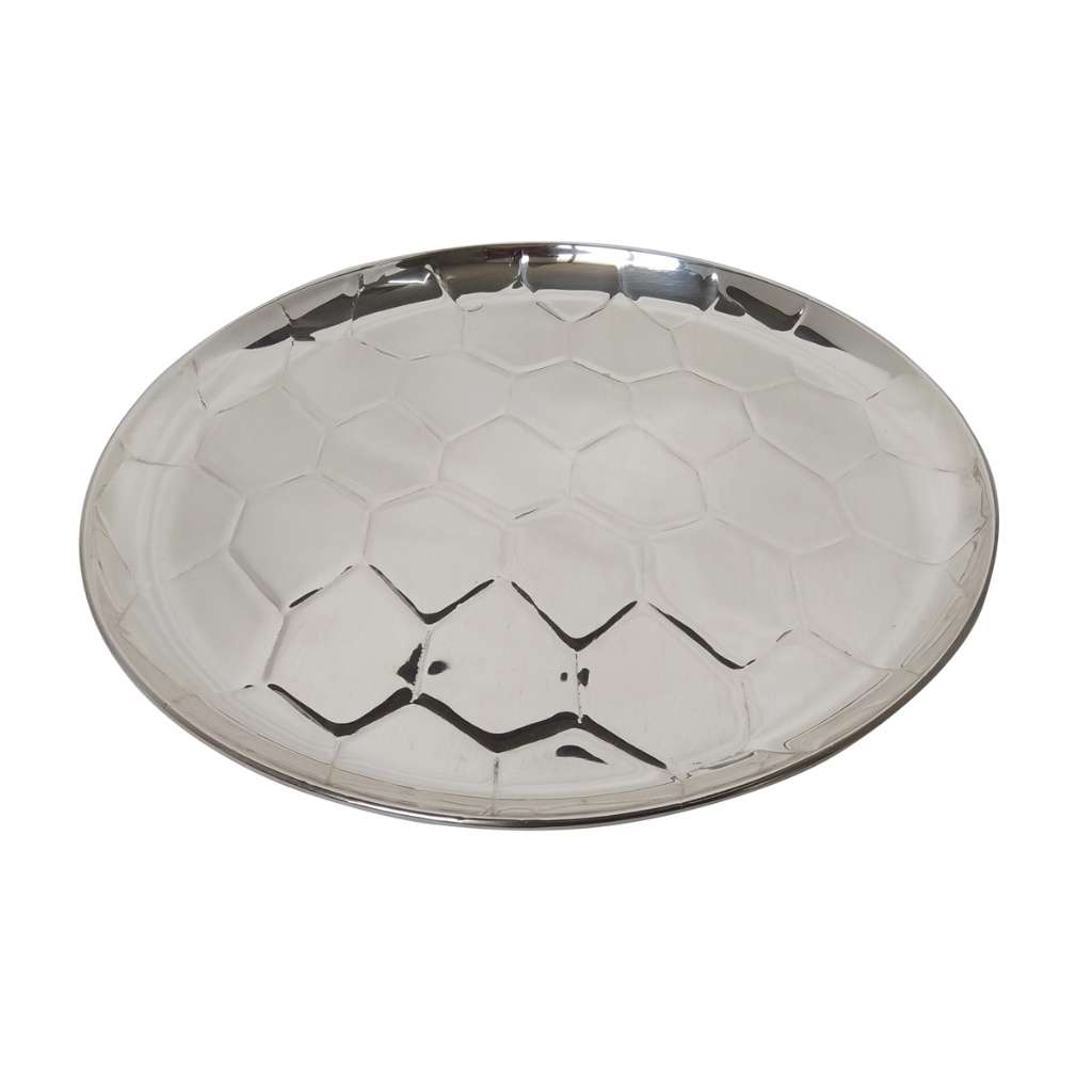 Tray Honey Comb Round is a circular silver serving tray with a fine honeycomb pattern etched across its full mirror-polished surface - white background