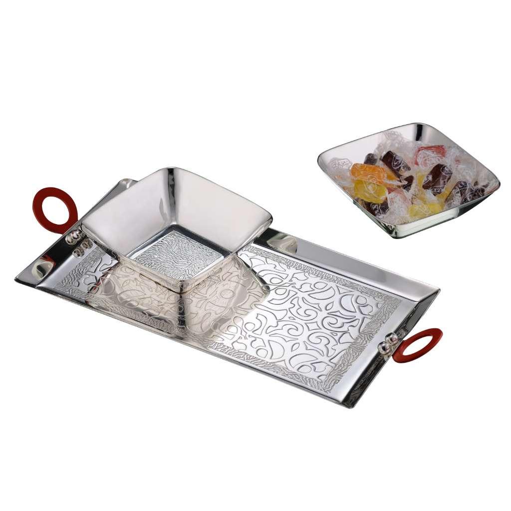 Tray Fusion With Two Bowls is a silver tray carrying a medallion pattern engraved down its length - white background