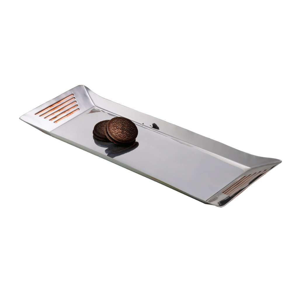 Tray Snack Chasm is a silver snack tray with pierced hexagonal end caps that let a copper-plated inner layer show through in fine parallel lines - white background