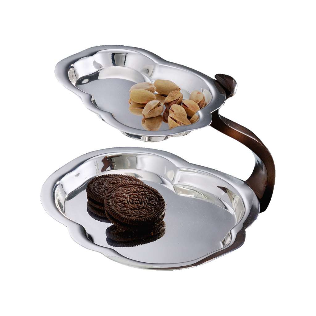 Tray Double Plate Burgeon joins two scalloped oval silver plates with a curved wooden handle in a warm - white background