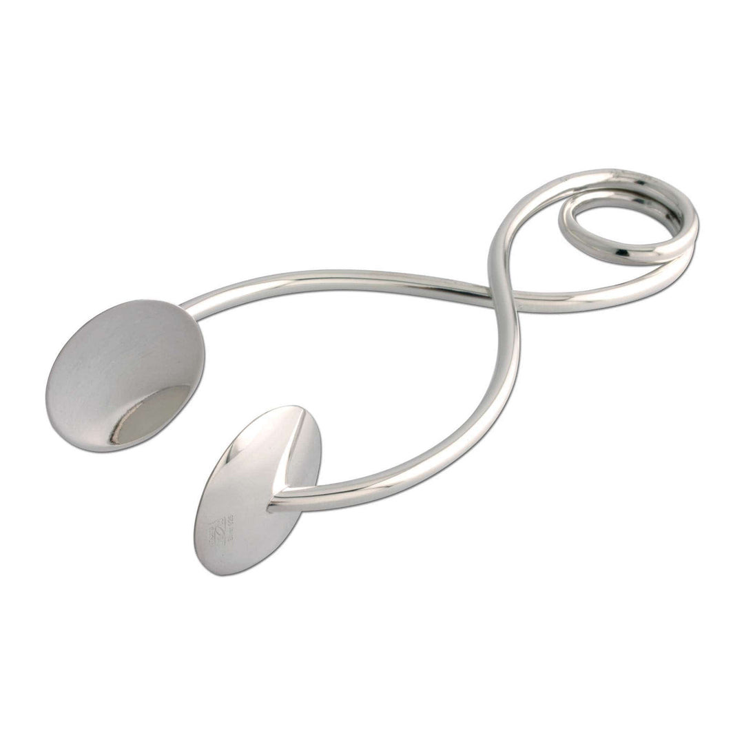 Ice Tong Infinity is a silver ice tong shaped into a looping infinity curve rather than a straight spring arm - white background
