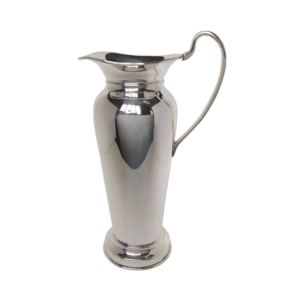 Pitcher Enchanted is a silver pitcher with a classic urn shape, its rounded body narrowing at the neck before flaring into a wide pour spout - white background