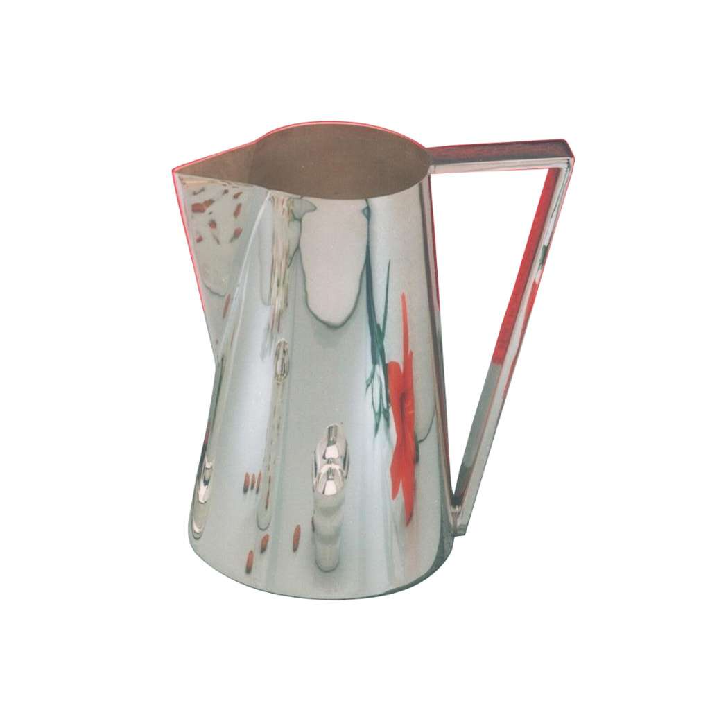 Pitcher Finesse is a tapered silver pitcher with a squared handle and a fully smooth, polished finish - white background