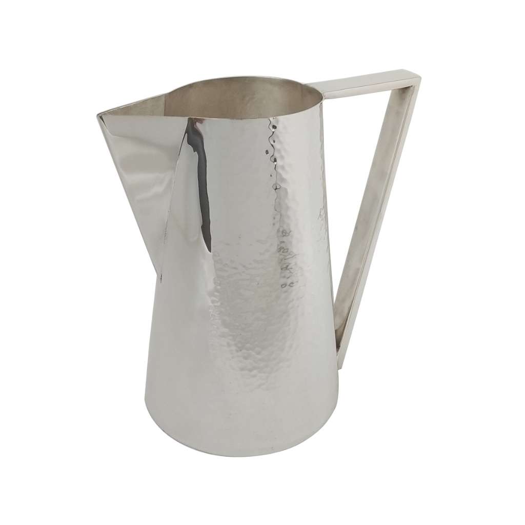 Pitcher Finesse Hammered is a tapered silver pitcher with a genuine dimpled, hammered-texture finish across its body - white background