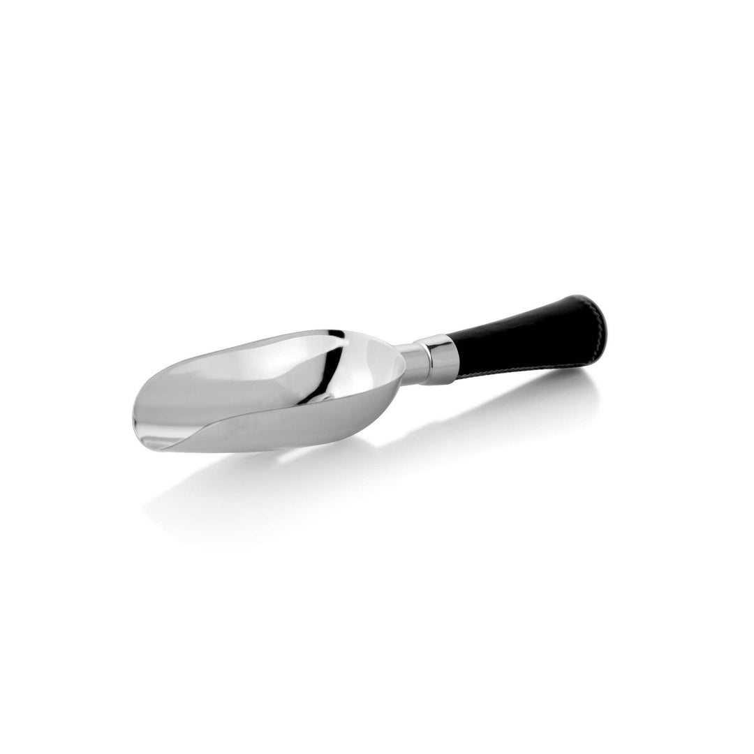 Ice Scoop Stylish is a silver scoop with a deep, rounded bowl set on a black leather-wrapped handle - white background