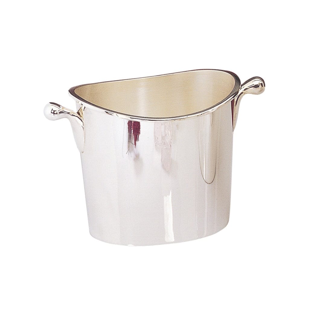 Ice Bucket Oval is a curved silver ice bucket with two rolled handles that curl outward from the rim - white background