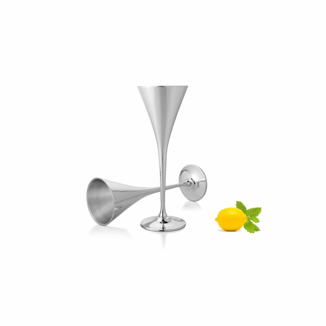 Glass Wine Goblet Duet is a pair of trumpet-shaped silver goblets, each with a wide flared bowl tapering - white background
